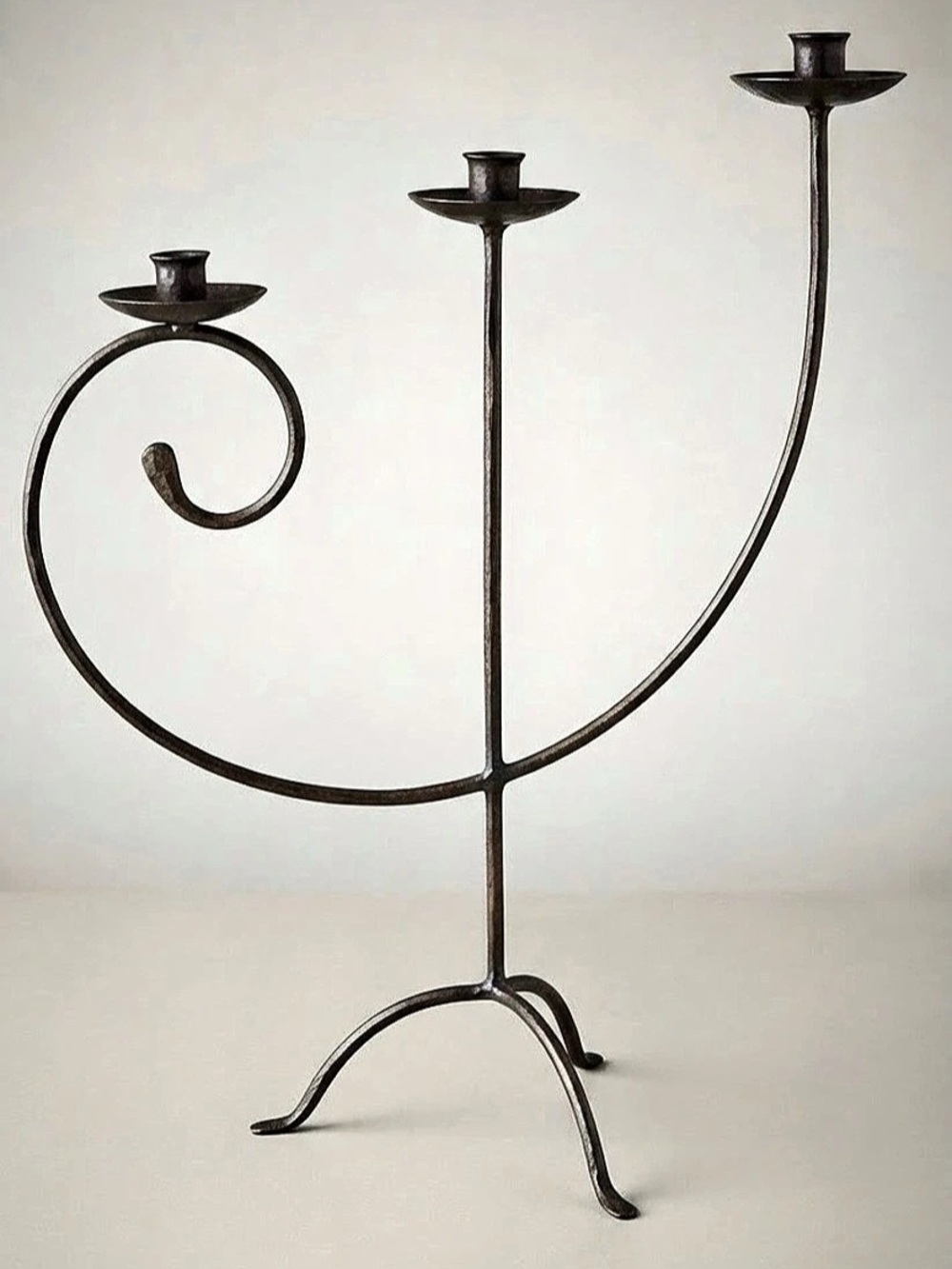 Large Sculptural Wrought Iron 3-Arm Candelabra | Organic Modern Taper Holder